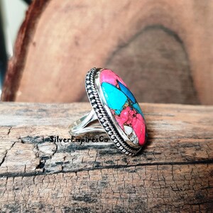 Ring i massivt 925 sterlingsilver, sockervadd i rosa koppar med turkos, handgjord ring, splitbandsring, rosa taggig ostronring, smyckegåva bild 5