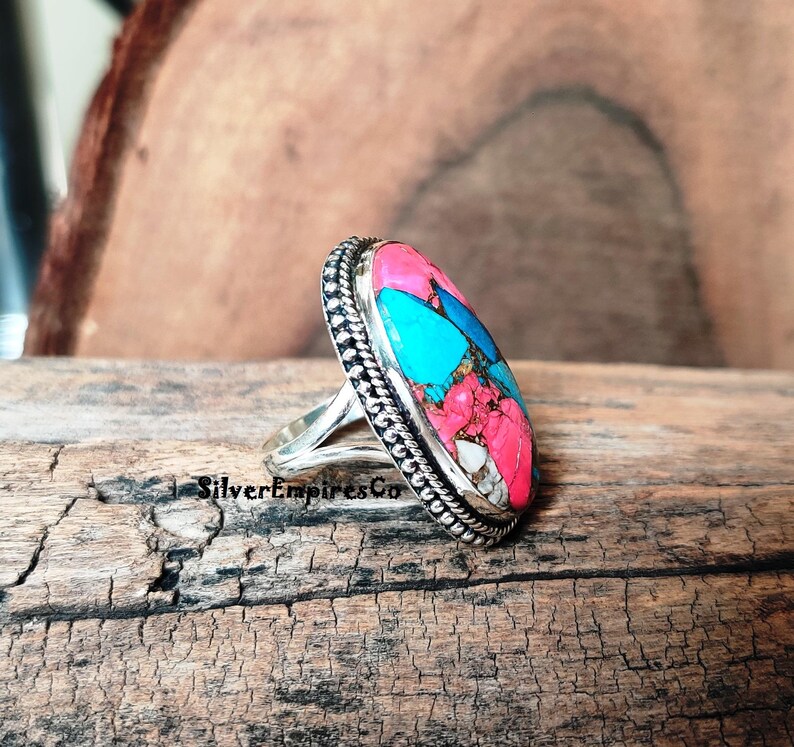 Ring i massivt 925 sterlingsilver, sockervadd i rosa koppar med turkos, handgjord ring, splitbandsring, rosa taggig ostronring, smyckegåva bild 5