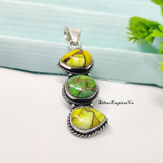 Honey Dahlia Pendant, 925 Sterling Silver, Green Copper Turquoise Pendant, Mini Pendant Necklace, 3 Stone Pendant