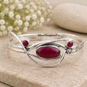 Red Ruby Cuff Bracelet, 925 Sterling Silver, Adjustable Bangle, Women Jewelry, Natural Gemstone Gift