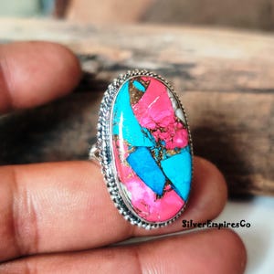 Ring i massivt 925 sterlingsilver, sockervadd i rosa koppar med turkos, handgjord ring, splitbandsring, rosa taggig ostronring, smyckegåva bild 7