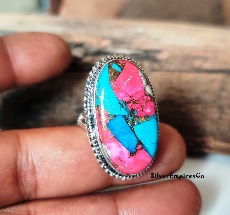 Ring i massivt 925 sterlingsilver, sockervadd i rosa koppar med turkos, handgjord ring, splitbandsring, rosa taggig ostronring, smyckegåva bild 7