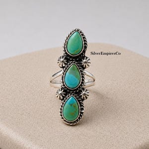Kingman Turquoise 3 Stone Ring, 925 Sterling Silver, Boho Statement Ring, Vintage Jewelry, Handmade Ring