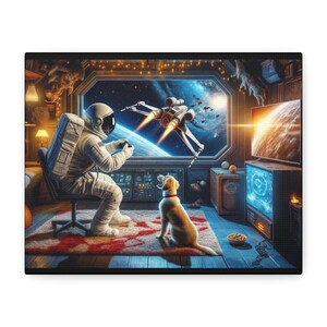 Astronaut and Dog Canvas Art Print, Space Vibes Wall Decor, Perfect for Home or Office, Gift for Sci-Fi Lovers, Unique Hangings