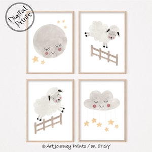 Counting Sheep Prints, Nursery Decor, Neutral Nursery Decor, Printable Nursery Wall Art, Set of 4