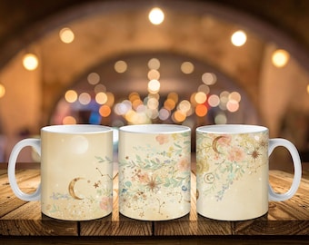 Harvest Moon Bloom Celestial Mug | Golden Moon & Floral Stars Coffee Cup | Cottagecore Autumn Design | Cozy Astrology Gift for Her