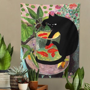 Cat And Goldfish Tapestry , Flower Retro Oil Picture Decor Minimalist Print , Modern Art Wall Hanging