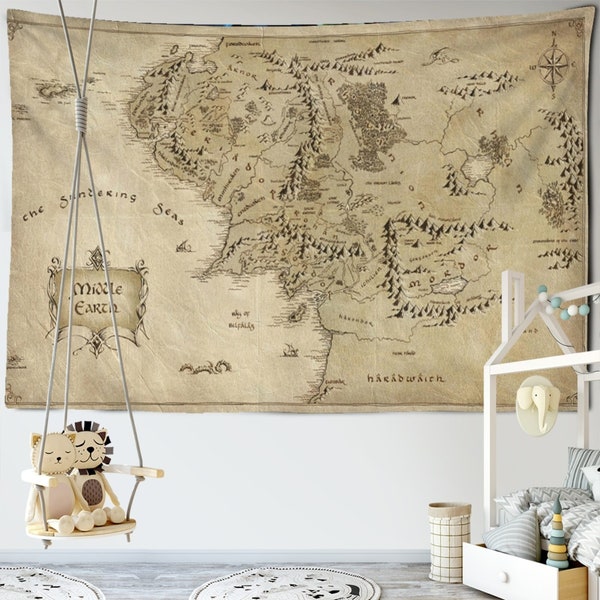 Die Mittelerde Karte Stoff Wandbehang, Herr der Ringe, Gobelin Dekor für Zimmer Schlafzimmer, moderne Kunst Wandbehang