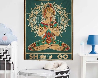 Buddha Statue 7 Chakra Girl Tapestry Mandala Hippie , Psychedelic Art Simple Line Wall Cloth , Modern Art Wall Hanging