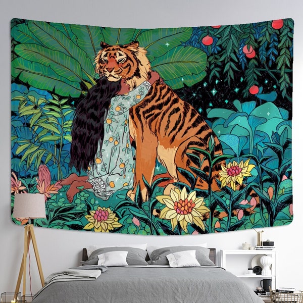Girl and Tiger Tapestry Fabric  ,Psychedelic Art Wall Hanging ,Modern Art Wall Hanging