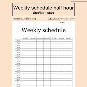 Weekly Schedule Half Hour Week at a Glance Weekly Planner - Etsy