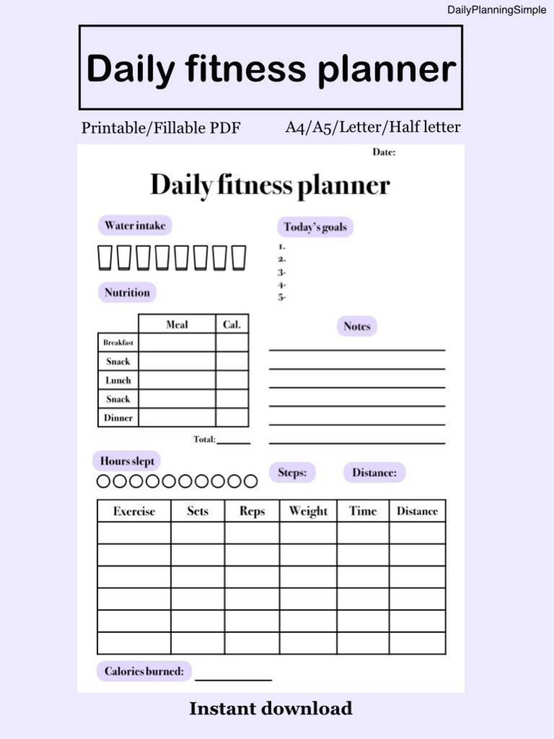 Daily Fitness Planner Template Printable Daily Fitness Etsy