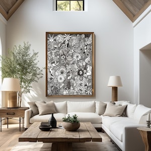 Naturaleza. Dibujo abstracto moderno en blanco y negro hecho a mano. Arte mural maximalista para el hogar o la oficina. Original imprimible de Corinne Charpentier.