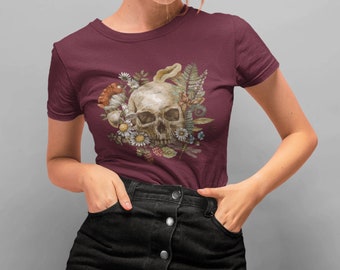 Camiseta com estampa floral de caveira, camiseta de bruxa verde, estilo cottagecore