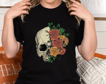Floral Skull T-Shirt, Botanical Skeleton, Witchy Goblincore Clothing
