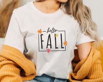 Hello Fall T-shirt, Autumn Leaves Graphic Tee