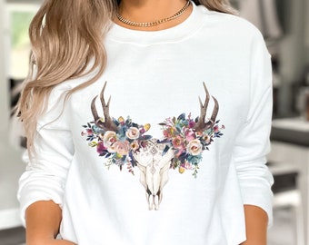 Floral Deer Skull Sweatshirt, Boho Country Style Pullover