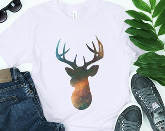 Camiseta con cabeza de ciervo galáctico y silueta de ciervo para cazar