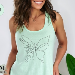 Cute Minimalist Floral Butterfly Racerback Tank Top for Women, Aesthetic Yoga Tank Top, Gift for Her, Mom Gift, Floral Womens Tank Top