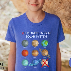 May include: A blue t-shirt with the text "8 Planets in Our Solar System" and illustrations of the planets in our solar system. The text "Pluto" is crossed out with a red X. The shirt is heather Columbia blue.
