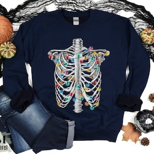 Christmas Lights Vintage Ribcage Sweatshirt, Spooky Creepy Christmas Skeleton Gift, Goth Christmas Sweater, Unisex Crewneck, Christmas Gift