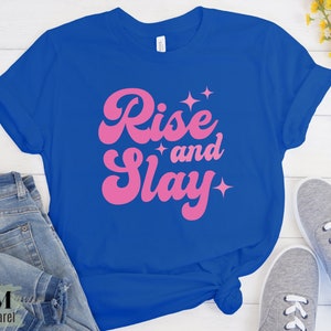 Rise and Slay Retro Pink Barbi Tshirt for Women, Bachelorette Shirt, Boss Babe Barbi Tee, Trendy Shirt for Her, Christmas Gift for Women