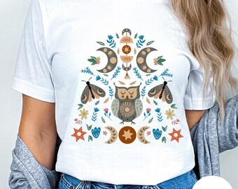 Celestial Owl T-Shirt, Moon Phases, Witchy Mystical Boho Tee