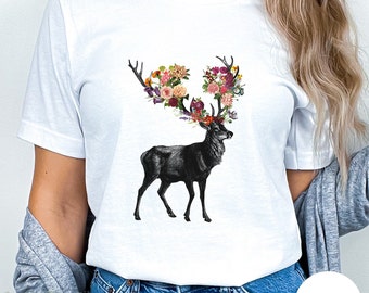 Floral Deer T-Shirt, Vintage Wildflower Antlers, Animal Lover Gift