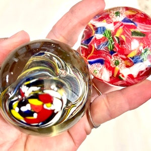 Set Of 2 Art glass Multi Color, Air Bubbles Globe Paperweight Handblown Abstract