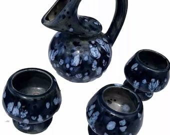 Vintage Blue/Gray Drip Glaze Ceramic Pitcher Honey Pot  & 3 Cups Art Pottery
