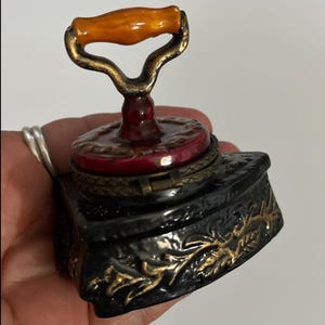 Vintage Flat Iron Antique Shaped Trinket Box Figurine Porcelain Brass Hinged Lid
