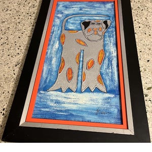 Pintura de pared de perro plateado raro, pintura de cartón firmada, enmarcada, 30.5”/18”