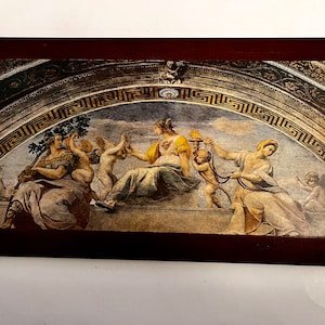 Walnut Wood Lithography Scene Allegory of Virtue Plaque Angels Made in Italy 14.5 “•8”