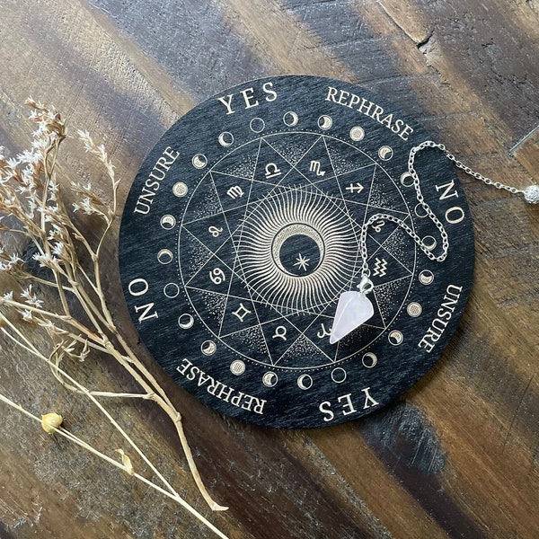 Zodiac Moon Phase Pendulum Board Kit | Celestial Engraved Wood | Black painted Witch Spirit Round Board | Astrology Divination