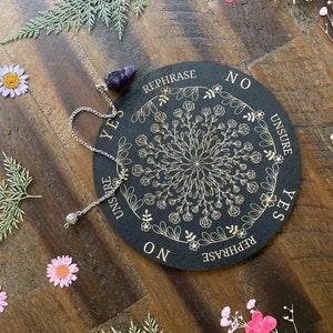 Wheel of Herbs Pendulum Board Kit | Black Floral Engraved Wood | Witch Spirit Round Board | Divination Magick