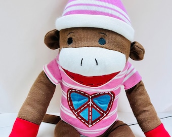 RARE Giant Large Sock Monkey 35” Soft Toy Stuffed Pink Stripes Hat Peace Heart