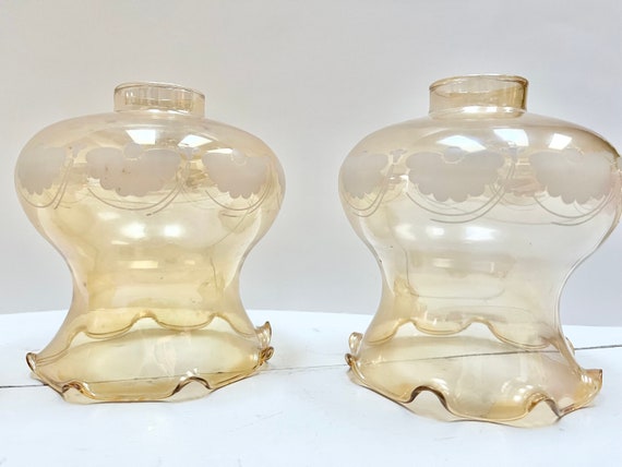 アンバーガラス ランプシェード ヴィンテージ フリルリム 凹凸模様 レトロ照明 ヴィンテージアンバーガラスランプシェード：フリル付きレトロ照明、4