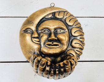 Vintage Celestial Sun and Moon Hands Gold Ceramic Wall Hanging Art Painted 8” Rare Golden Black Planter Key Holder Garden Patio
