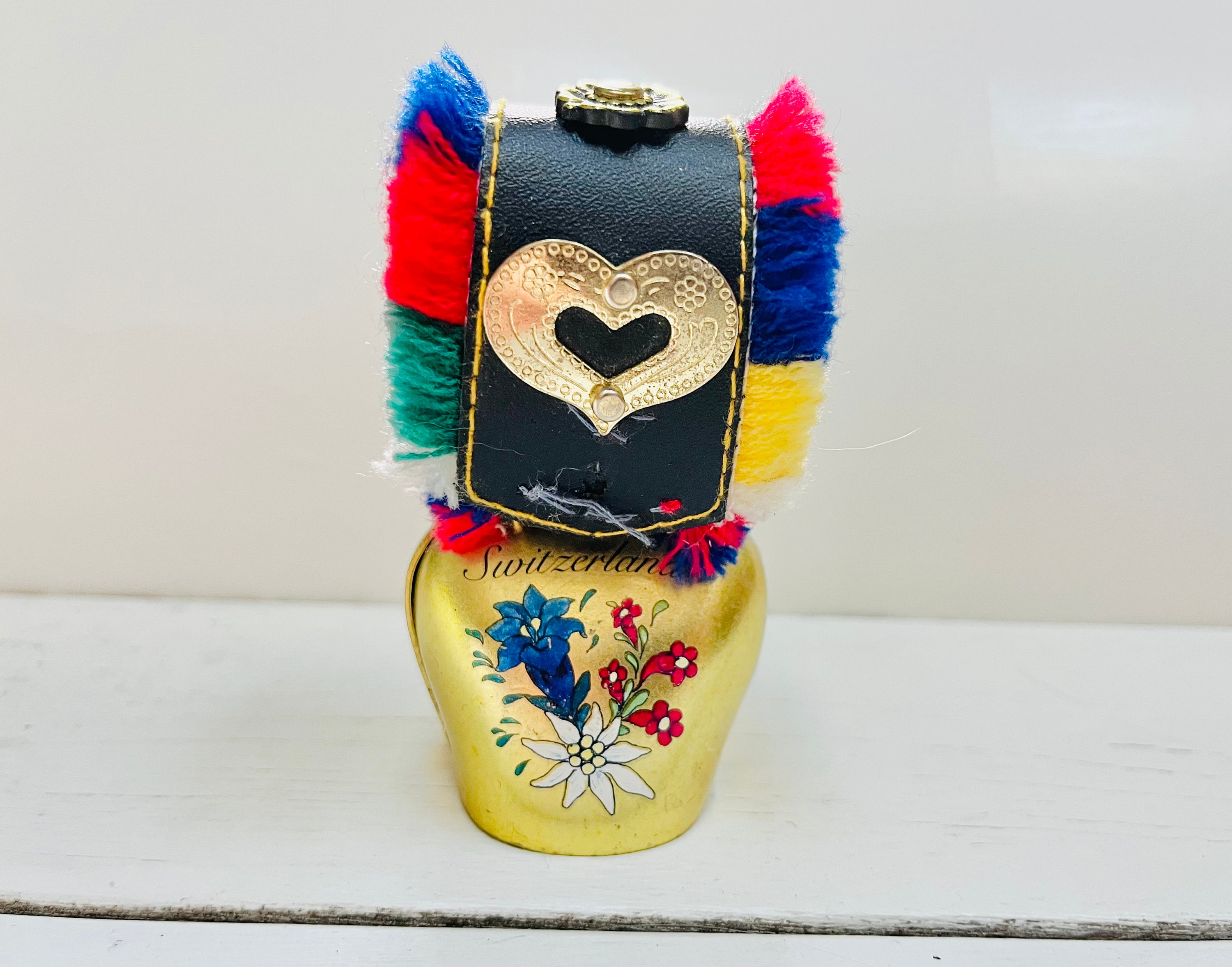 Vintage Small Swiss Cow Bell: Brass Floral Painted Bell With