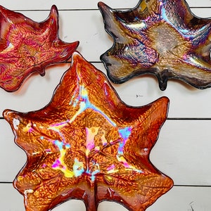 Vintage Iridescent Glass Maple Leaf Plates: Fall Thanksgiving Decor, Set of 3