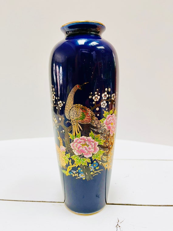 Vintage Cobalt Blue Japanese Vase: Peacock & Flowers, Gold Accents