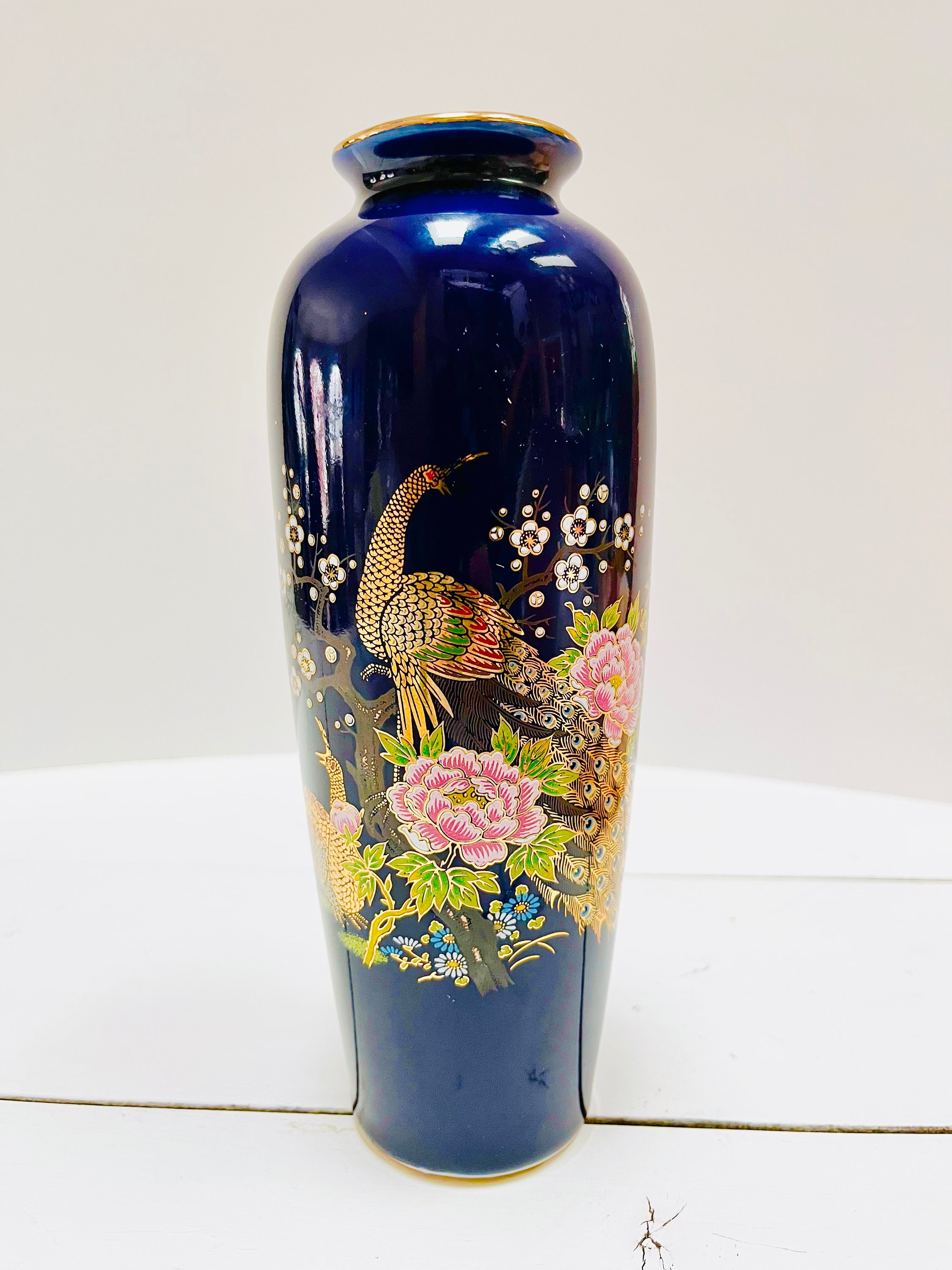Vintage Cobalt Blue Japanese Vase: Peacock & Flowers, Gold Accents