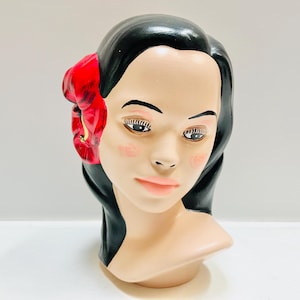 Vintage Chalkware Hula Girl Bust: Hand-Painted Hibiscus Decor
