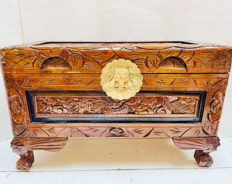 Antique Chinese Wooden Carved Chest Trunk Dragon Footed 18.75” Storage Wood Rare Vintage Small Brass Handmade