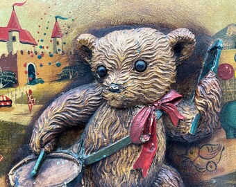 Vintage Wooden Painting: Teddy Bear Pub Bar Framed Wall Art Robin