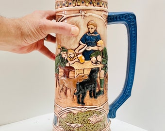 Vintage 70s Tall German Beer Stein Saint St. Florian 16  Blue Dogs Family