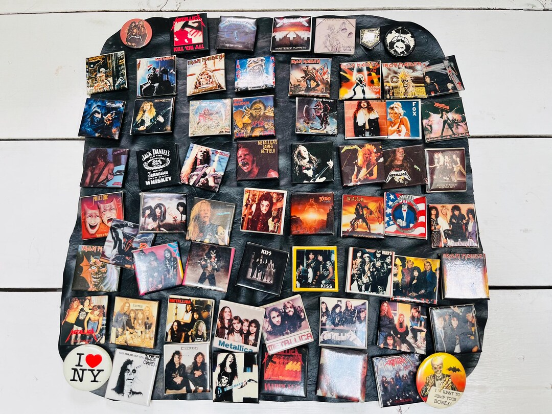 HUGE LOT Metallica Alice Cooper Iron Maiden Kiss Vintage Square Buttons ...