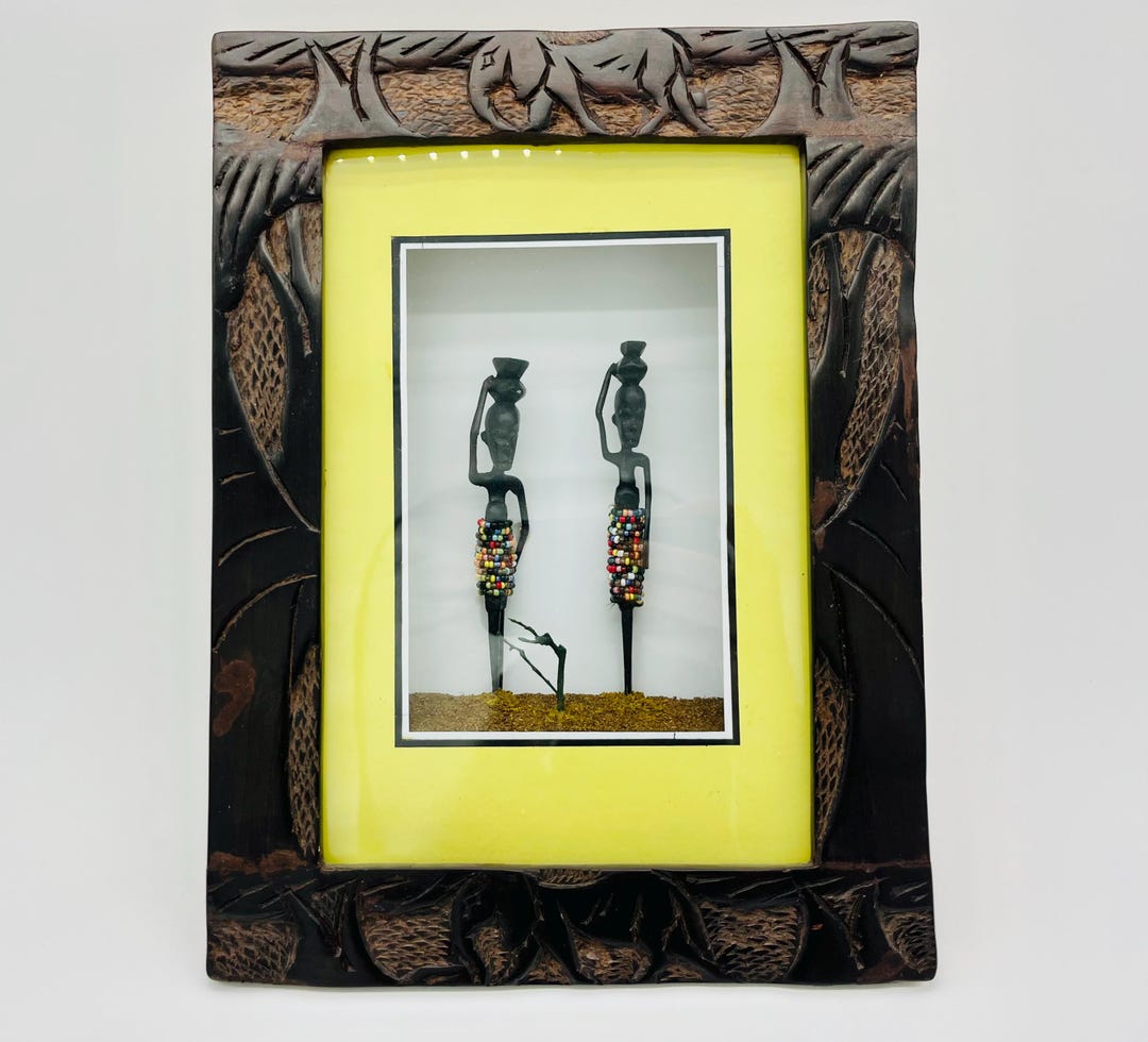 African Shadow Box Wood Frame: Wall Hanging 3D Carved Wooden Seed Bead ...