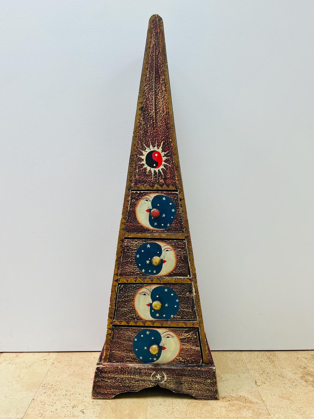 Vintage Wooden Celestial Pyramid Shaped Chest: Hand Painted 4