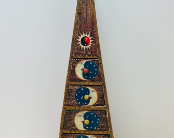 Vintage Wooden Celestial Pyramid Shaped Chest: Hand Painted 4 Drawers Folk Art MCM